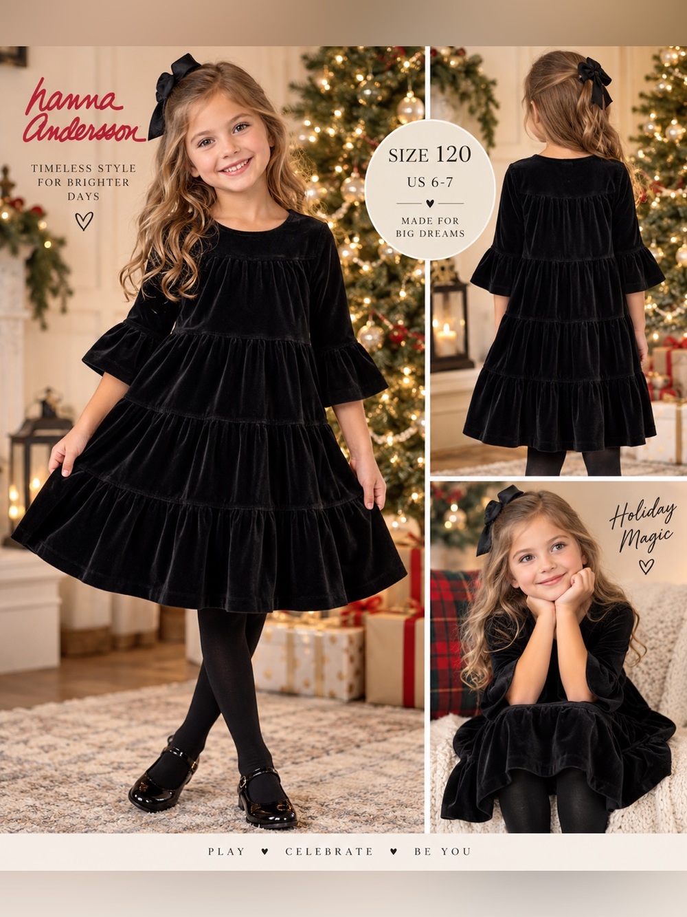 Hanna Andersson Black Velvet Tiered Holiday Christmas Church Dress- size 120 6/7